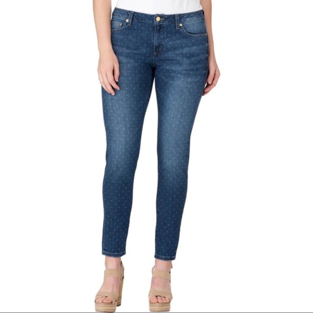 Michael Kors Izzy Skinny Jeans Women 14 Blue White Polka Dot Mid Rise Denim